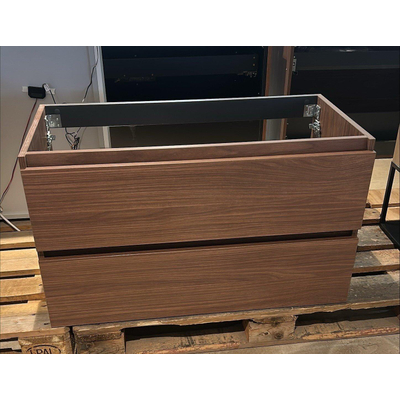 INK Wastafeonderkast met polystone wastafel - 90x45x52cm - 2 laden - greeploos - met houten keerlijst - Warm walnoot OUTLETSTORE