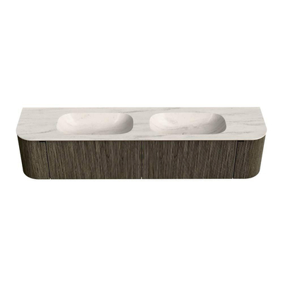 MONDIAZ KURVE-DLUX Meuble de salle de bains 200cm arrondi Gauche + Droite couleur Shadow avec 2 tiroirs et 2 portes. Plan-vasque STOR SMALL Double 2 trous de robinet Meli.