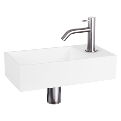 Differnz Solid fonteinset - 36x18.5x9cm - Rechthoek - 1 kraangat - Gebogen chromen matte kraan - Solid surface Wit SHOWROOMMODEL