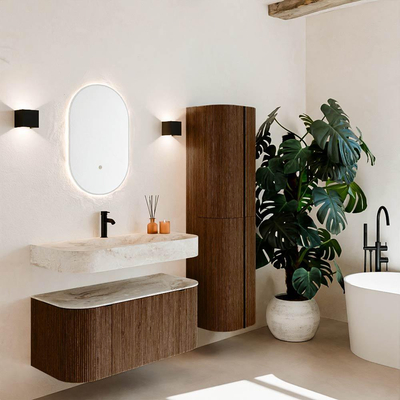 MONDIAZ THOR-DLUX 100cm badmeubel ronding links + rechts kleur Walnut met 1 lade en 2 deuren. Vrijhangende wastafel CLOUD Midden 1 kraangat kleur Frappe.