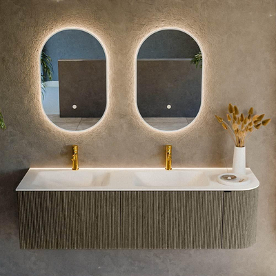 Mondiaz KURVE Ensemble de meuble salle de bain - 155x46x40cm - 2 tiroirs - 1 porte - lavabo en solid surface - double / gauche - 2 trous de robinet - Shadow