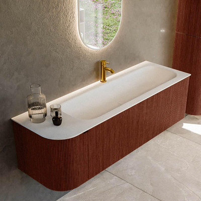 Mondiaz KURVE Ensemble de meuble salle de bain - 145x46x40cm - 1 tiroir - 1 porte - lavabo en solid surface - droite - 1 trou de robinet - Ruby