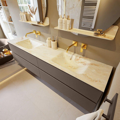 MONDIAZ VICA-DLUX Ensemble meuble de salle de bains - 200cm - armoire sous-vasque smoke - 4 tiroirs - lavabo encastré cloud double - sans trous de robinet - version haute 60cm - frape