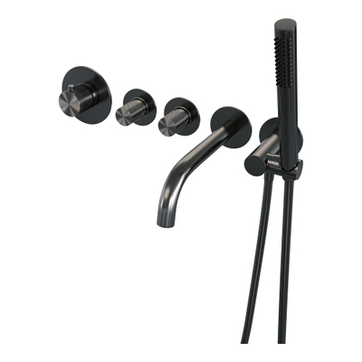 Brauer Gunmetal Carving Badkraan Inbouw - douchegarnituur - 20cm uitloop - met inbouwdeel - 3 carving knoppen - handdouche staaf 1 stand - PVD - geborsteld gunmetal