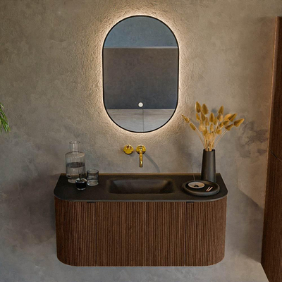 MONDIAZ KURVE 100cm badmeubel met module 25 Len R kleur Walnut met 1 lade en 2 deuren. Wastafel GRUNNE midden zonder kraangat Urban.