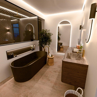 Mondiaz CIRO-DLUX Badkamermeubelset - 150x45x50cm - Solid surface wastafel Oza - 1 wasbak Rechts - 1 kraangat - 4 lades - Dusk