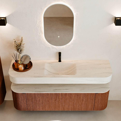 MONDIAZ THOR-DLUX 160cm meuble de salle de bains arrondi gauche + droite couleur Ruby avec 1 tiroir et 2 portes. Vasque suspendue CLOUD Milieu 1 trou de robinet couleur Meli.