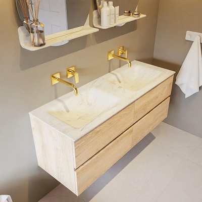 Mondiaz VICA-DLUX ensemble de meuble de salle de bain - 130cm - meuble sous-vasque chêne blanchi - 4 tiroirs - lavabo encastré cloud double - sans trous de robinet - version haute de 60cm - opalo