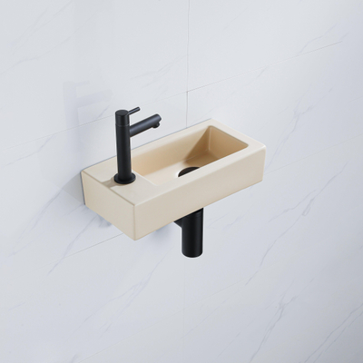 FugaFlow Efficiente Pietra Fonteinset - 37.5x18.5x9cm - keramiek - kraangat links - fonteinkraan zwart mat - afvoerplug - verlaagd sifon - Mat Beige