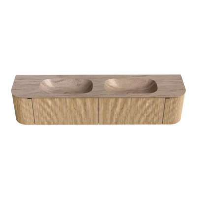 MONDIAZ KURVE-DLUX 200cm badmeubel ronding Links + Rechts kleur Oak met 2 lades en 2 deuren. Wastafel STOR SMALL Dubbel 2 kraangaten Saba.