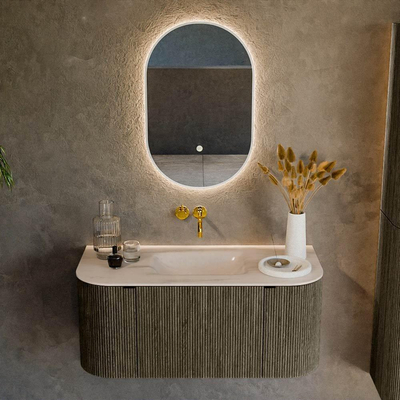 MONDIAZ KURVE-DLUX Meuble de salle de bains 100cm arrondi gauche + droite couleur Shadow avec 1 tiroir et 2 portes. Lavabo GRUNNE central sans trou de robinet Meli.