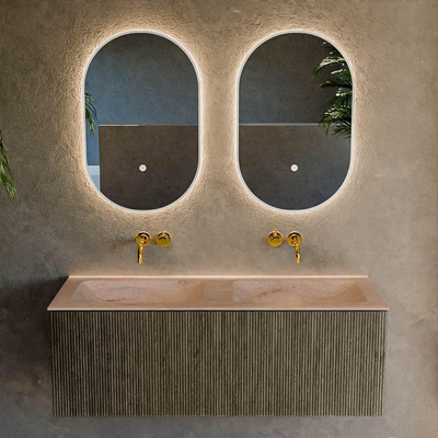MONDIAZ KURVE-DLUX Meuble de salle de bains 120 cm couleur Shadow avec 1 tiroir et 0 porte. Lavabo LEAF Double sans trou de robinet Saba.