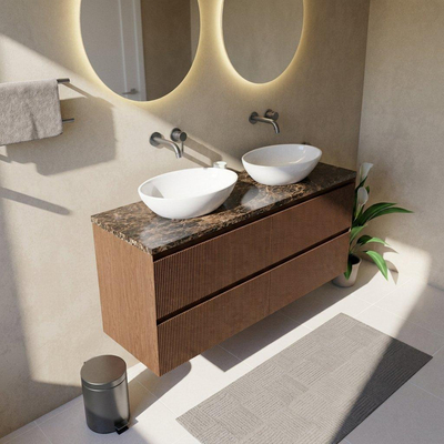 Saniclass Holz Atelier Ensemble de meubles de salle de bains - 140x45x63cm - Plan de toilette en pierre naturelle Noche dark emperador - sans trou de robinet - 4 tiroirs - noyer pure mat (bois)
