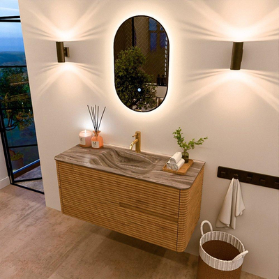 Mondiaz CIRO-DLUX Badkamermeubelset - 110x45x50cm - Solid surface wastafel Sombra - 1 wasbak Midden - 1 kraangat - 2 lades - Oak