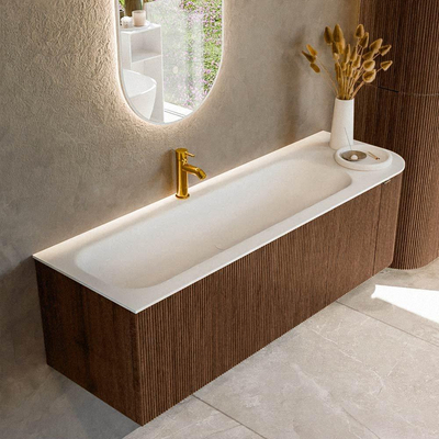 MONDIAZ KURVE 145cm badmeubel met module 25 R kleur Walnut met 1 lade en 1 deur. Wastafel BIG LARGE links 1 kraangat Talc.