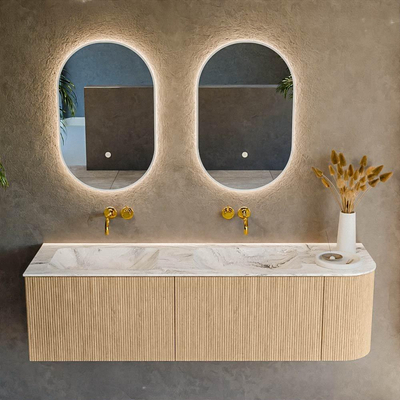 MONDIAZ KURVE-DLUX 155cm Meuble salle de bain avec module 25 D - couleur Oak - 2 tiroirs - 1 porte - vasque LEAF double / gauche - sans trou de robinet - couleur Glace