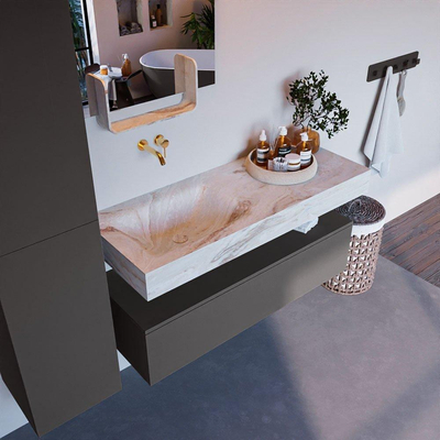 Mondiaz ALAN-DLUX Ensemble de meuble - 120cm - meuble Dark grey mat - 1 tiroir - Lavabo Cloud Frappe suspendu - vasque Gauche - 0 trous de robinet
