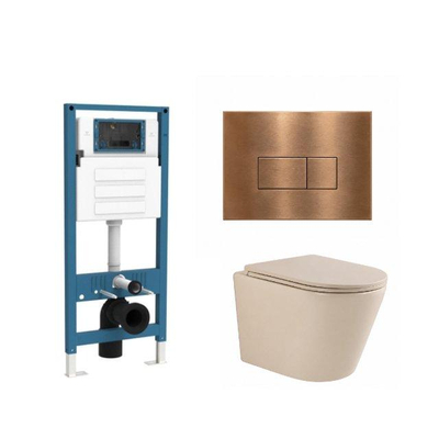QeramiQ Dely Ensemble WC - réservoir encastré Qeramiq Flush - abattant slim - plaque de commande en métal cuivré - boutons rectangulaires - beige