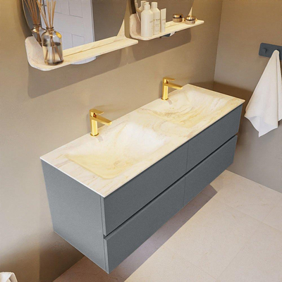 Mondiaz VICA-DLUX ensemble de meuble de salle de bain - 130cm - meuble sous-vasque plata - 4 tiroirs - lavabo encastré cloud double - 2 trous de robinet - miroir modèle spot - version XL 60cm de haut - ostra