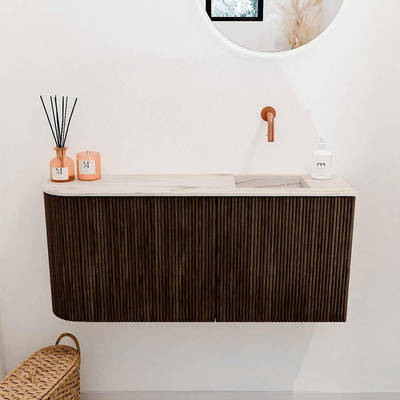 Mondiaz JOYA-DLUX 91.6cm toiletmeubel - ronding links kleur Walnut - Wastafel FAYE positie Rechts Zonder kraangat kleur Nata.
