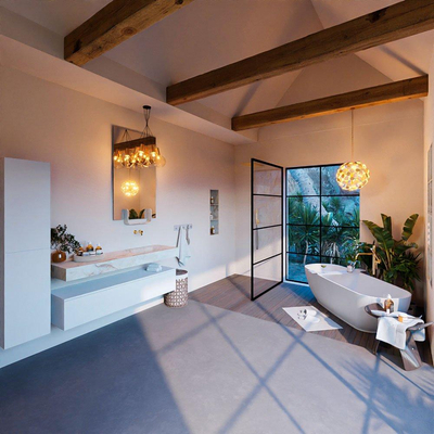 MONDIAZ ALAN - DLUX Ensemble de meuble de salle de bains - 150cm - meuble bas - Talc - 1 tiroir - lavabo suspendu - vasque à droite - 0 trous de robinet - Frappe