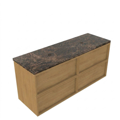 Saniclass Holz Frame Ensemble de meubles de salle de bains - 140x45x63cm - Plan de travail en pierre naturelle Noche dark emperador - sans trou de robinet - 4 tiroirs - chêne natural mat (bois)