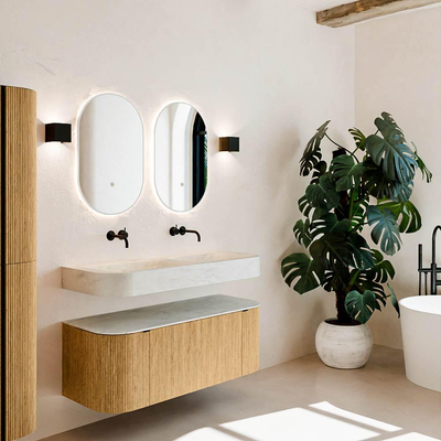 MONDIAZ THOR-DLUX 120cm meuble de salle de bains arrondi gauche + droite couleur Oak avec 1 tiroir et 2 portes. Vasque suspendue CLOUD Double sans trou de robinet couleur Opalo.