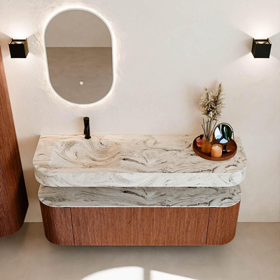 MONDIAZ THOR-DLUX 150cm meuble de salle de bains arrondi gauche + droite couleur Ruby avec 1 tiroir et 2 portes. Vasque suspendue CLOUD Gauche 1 trou de robinet couleur Glace.