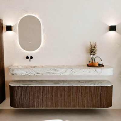 MONDIAZ THOR-DLUX 190cm badmeubel ronding links + rechts kleur Walnut met 2 lades en 2 deuren. Vrijhangende wastafel CLOUD Links zonder kraangat kleur Glace.