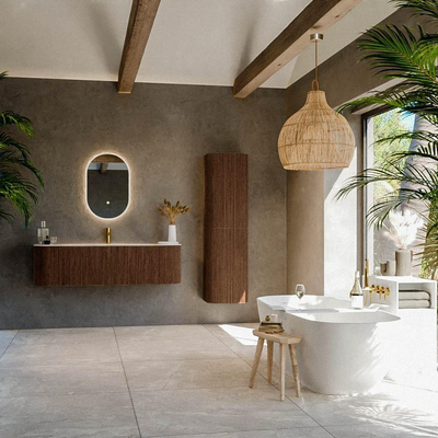 MONDIAZ KURVE-DLUX Meuble de salle de bains 150cm arrondi Gauche + Droite couleur Walnut avec 1 tiroir et 2 portes. Lavabo BIG MEDIUM Central 1 trou de robinet Meli.