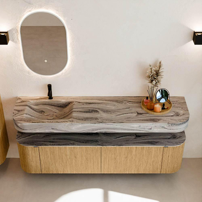 MONDIAZ THOR-DLUX 180cm badmeubel ronding links + rechts kleur Oak met 2 lades en 2 deuren. Vrijhangende wastafel CLOUD Links 1 kraangat kleur Sombra.