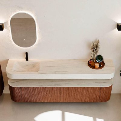 MONDIAZ THOR-DLUX Meuble de salle de bains - 200cm - arrondi gauche + droite - couleur Ruby - 2 tiroirs et 2 portes - Vasque suspendue CLOUD Gauche 1 trou de robinet - couleur Meli