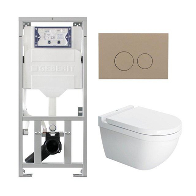 Duravit Starck 3 toiletset met Geberit inbouwreservoir toiletzitting met Saniclass softclose zitting en QeramiQ bedieningsplaat taupe met ronde knoppen wit