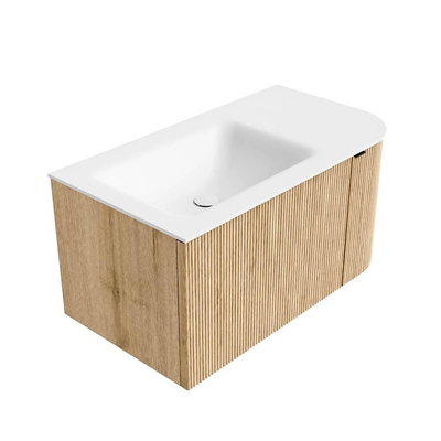 MONDIAZ KURVE Meuble de salle de bains 85 cm avec module 25 R couleur Oak avec 1 tiroir et 1 porte. Lavabo CLOUD gauche 1 trou de robinet Talc.