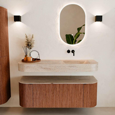MONDIAZ THOR-DLUX 130cm badmeubel ronding links + rechts kleur Ruby met 1 lade en 2 deuren. Vrijhangende wastafel CLOUD Rechts zonder kraangat kleur Saba.
