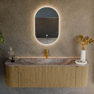 MONDIAZ KURVE-DLUX Meuble de salle de bains 150cm arrondi gauche + droite couleur Dusk avec 1 tiroir et 2 portes. Lavabo BIG MEDIUM milieu 1 trou de robinet Oza.