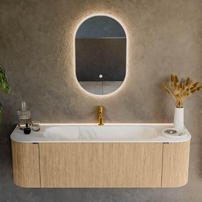 MONDIAZ KURVE 150cm Meuble salle de bain avec module 25 G et D - couleur Oak - 1 tiroir - 2 portes - vasque BIG MEDIUM centre - 1 trou de robinet - Talc