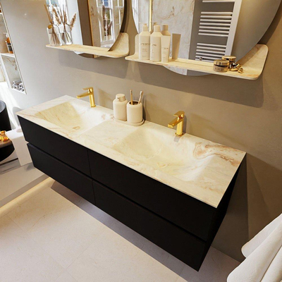 MONDIAZ VICA-DLUX Ensemble meuble de salle de bains - 150cm - meuble bas urban - 4 tiroirs - lavabo encastré cloud double - 2 trous de robinet - version haute 60cm - frape