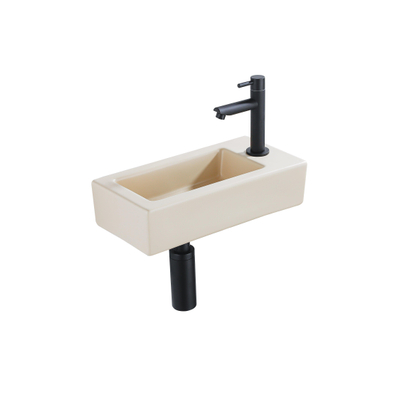 QeramiQ Fuente pack lave-mains – 37,5 x 18,5 x 9 cm – céramique beige – perçage à droite – robinet noir mat