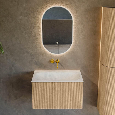 MONDIAZ KURVE-DLUX Meuble de salle de bains 70 cm couleur chêne avec 1 tiroir. Lavabo BIG SMALL central sans trou de robinet couleur Opalo.