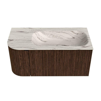 MONDIAZ KURVE-DLUX 95cm badmeubel ronding Links kleur Walnut met 1 lade en 1 deur. Wastafel BIG SMALL Rechts 1 kraangat Nata.