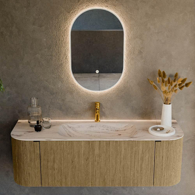MONDIAZ KURVE-DLUX Meuble de salle de bains 140cm arrondi Gauche + Droite couleur Dusk avec 1 tiroir et 2 portes. Lavabo BIG SMALL Central 1 trou de robinet Nata.