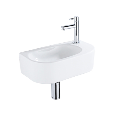QeramiQ Fuente Ensemble de lavabo - 40x21.5x12cm - droit - lisse - demi-rond - 1 trou de robinet - céramique - robinet de lavabo chromé - bouchon de vidange - siphon abaissé - Blanc Brillant