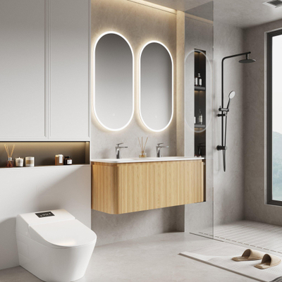 Saniclass Terra Ensemble meuble de salle de bain - 120x42x45,5 cm - lavabo en surface solide blanc mat - 2 vasques - 2 trous de robinet - 2 tiroirs - Sandwood (chêne clair)