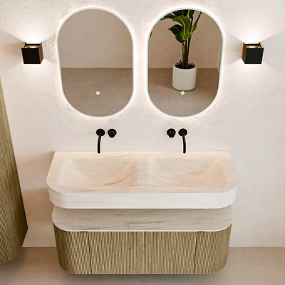 MONDIAZ THOR-DLUX 120cm badmeubel ronding links + rechts kleur Dusk met 1 lade en 2 deuren. Vrijhangende wastafel CLOUD Dubbel zonder kraangat kleur Meli.