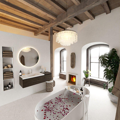 MONDIAZ BUKLA Meuble de salle de bains 120 cm avec module 40 couleur Dark Brown avec 2 tiroirs. Lavabo CLOUD gauche 1 trou de robinet couleur Talc.