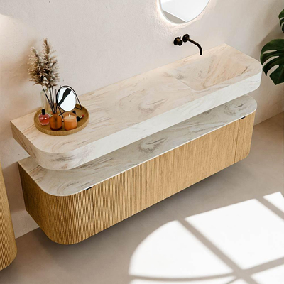 MONDIAZ THOR-DLUX 170cm badmeubel ronding links + rechts kleur Oak met 1 lade en 2 deuren. Vrijhangende wastafel CLOUD Rechts zonder kraangat kleur Ostra.
