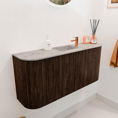 Mondiaz JOYA-DLUX 93.2cm toiletmeubel - ronding links en rechts kleur Walnut - Wastafel FAYE positie Midden 1 kraangat kleur Glace.