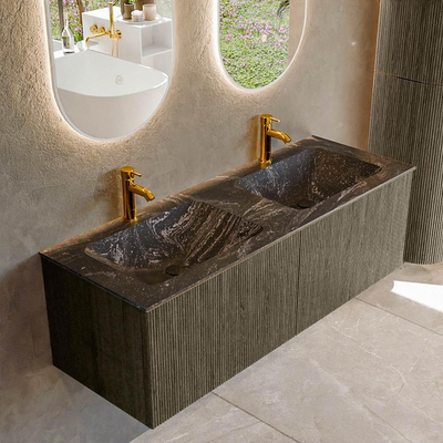 Mondiaz KURVE-DLUX Ensemble de meuble de salle de bains - 130x46x40cm - 2 tiroirs - vasque solid surface - double - 2 trous de robinet - Shadow