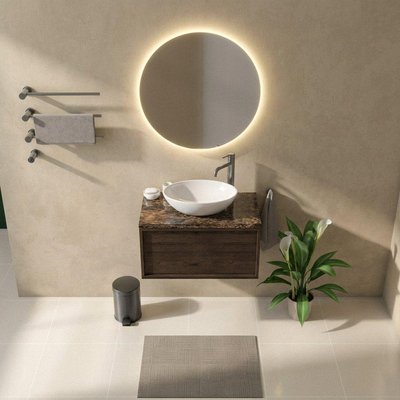 Saniclass Holz Frame Ensemble meuble de salle de bains - 80x45x43cm - Plan de travail en pierre naturelle Noche dark emperador - 1 trou de robinet - 1 tiroir - chêne charcoal mat (bois)